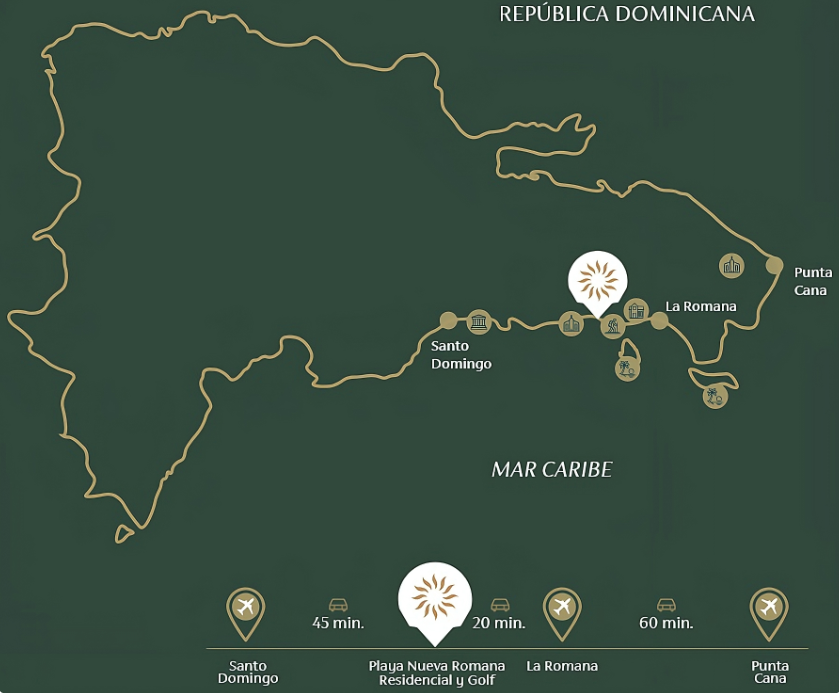 UN PARAÍSO DE BIENESTAR

Ubicada en el corazón del Caribe, Playa Nueva Romana es una maravilla de residencial que se extiende a lo largo de más de 600 hectáreas bañadas por las aguas del mar Caribe. Este enclave único es un oasis de bienestar y lujo, diseñado para satisfacer los más altos estándares de comodidad y belleza.

Viva rodeado de un entorno natural

En el corazón del Caribe, Playa Nueva Romana es una comunidad planificada que combina lujo, naturaleza y confort. Con más de 600 hectáreas frente al mar, ofrece tranquilidad, privacidad y un estilo de vida sostenible. Sus exclusivas amenidades incluyen el campo de golf PGA Ocean’s 4, club de playa, restaurantes, centro deportivo y comercial.
Más que un lugar para vivir, es una inversión inteligente y un legado en una comunidad próspera del Caribe.

LUJO, PAZ Y EXCLUSIVIDAD EN UN ENTORNO NATURAL

Las Islas, es una exclusiva comunidad residencial que brinda a sus residentes la belleza tropical del Caribe y la combinación perfecta de naturaleza y golf.

Ubicado dentro del espectacular campo de golf PGA Ocean's 4 de Playa Nueva Romana, rodeado por los hoyos 10, 11, 12 y 13; con vistas a los lagos de golf y a las impresionantes áreas naturales del entorno, en Las Islas tendrás un estilo de vida único donde la paz y el lujo se unen.

Un oasis de naturaleza y confort

Un residencial ideal para quienes buscan espacios que le aporten tranquilidad, comodidad y seguridad en todo momento; en sinergia con el diseño de un paisaje excepcional y las exclusivas amenidades que hacen armonía con el confort que se vive en Playa Nueva Romana.

En Las Islas te deleitarás con este fascinante espacio integral para llevar a cabo actividades recreativas.